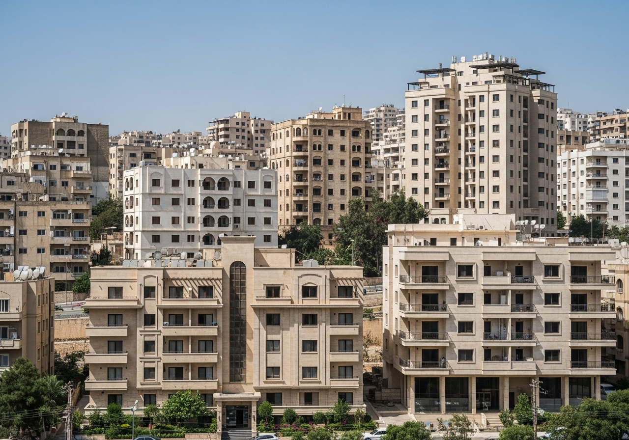 Şam'da modern cam cepheli, seçkin bir mahallede satılık çağdaş konut daireleri.