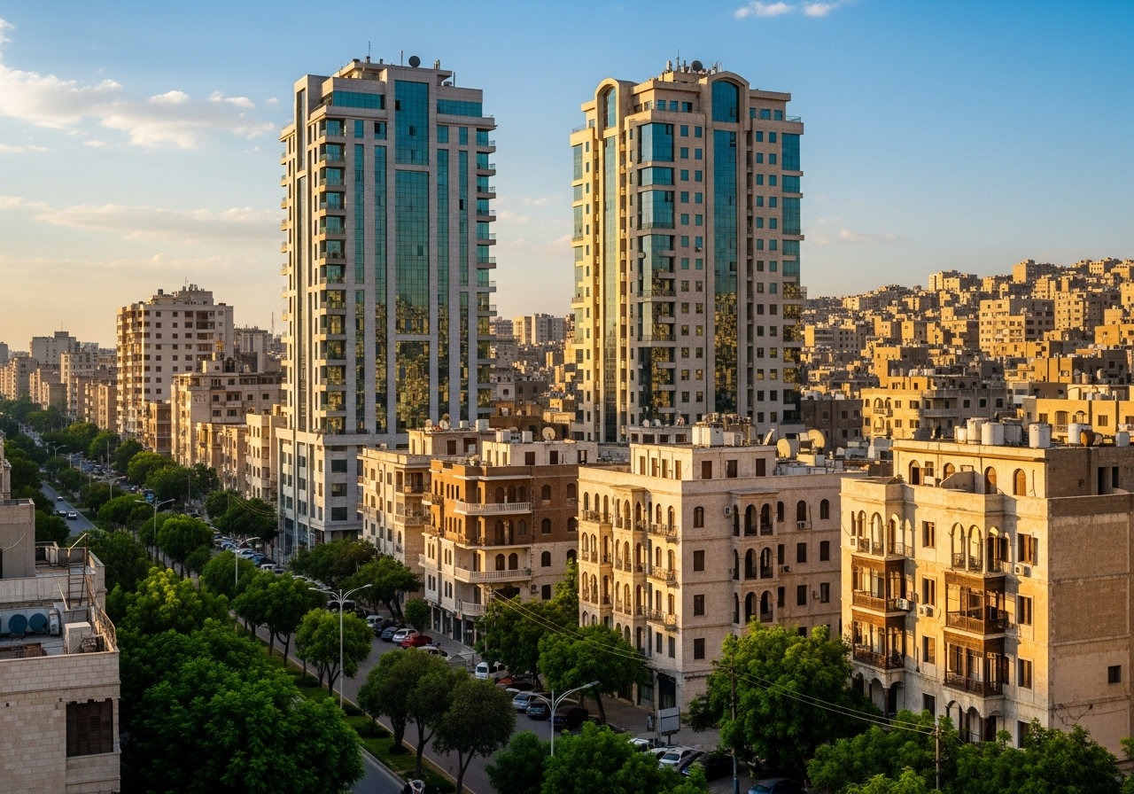 واجهة مبنى سكني حديث في كفرسوسة دمشق يعرض شققاً فاخرة للبيع بنظام التقسيط المريح للمستثمرين
