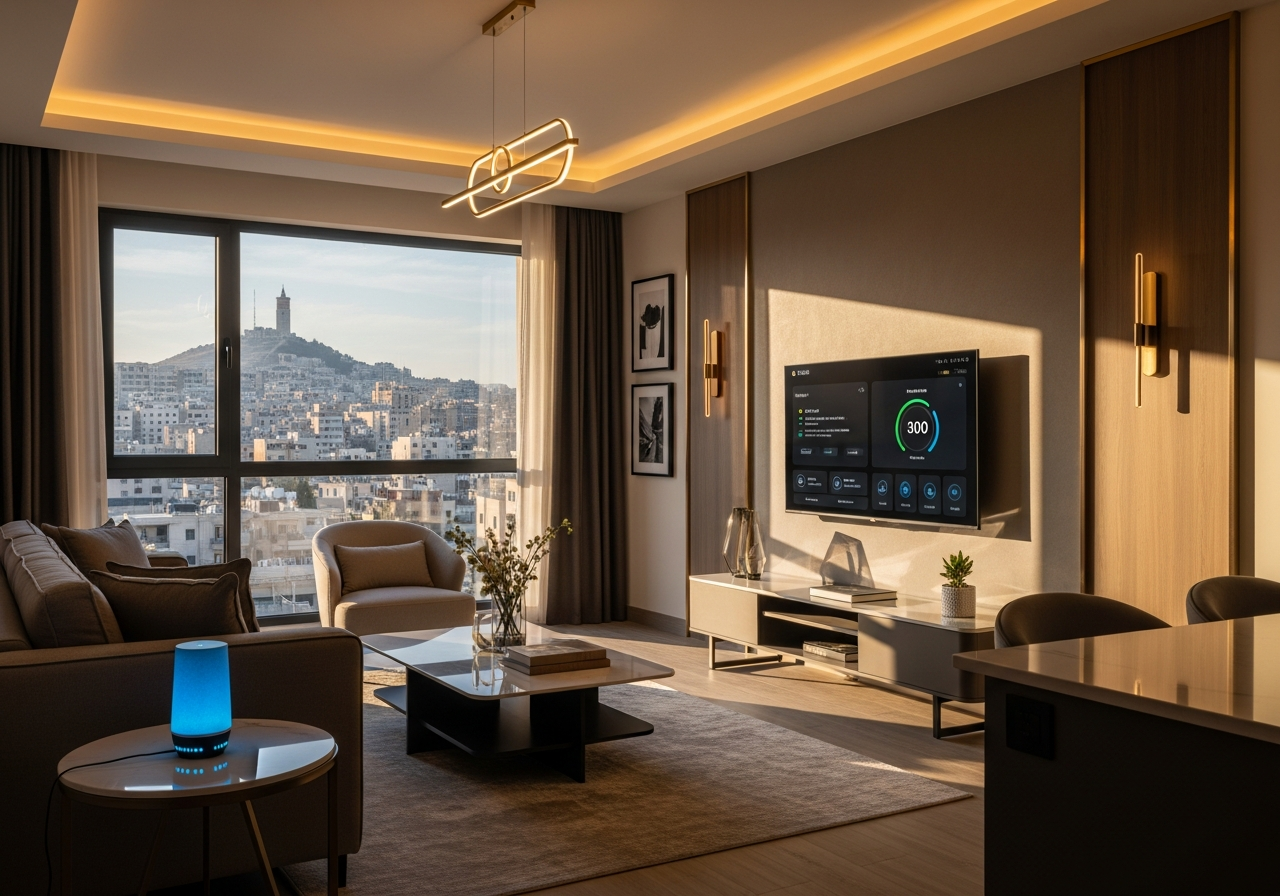 شقة سكنية عصرية للبيع في دمشق مجهزة بأحدث تقنيات البيوت الذكية والأتمتة المنزلية.