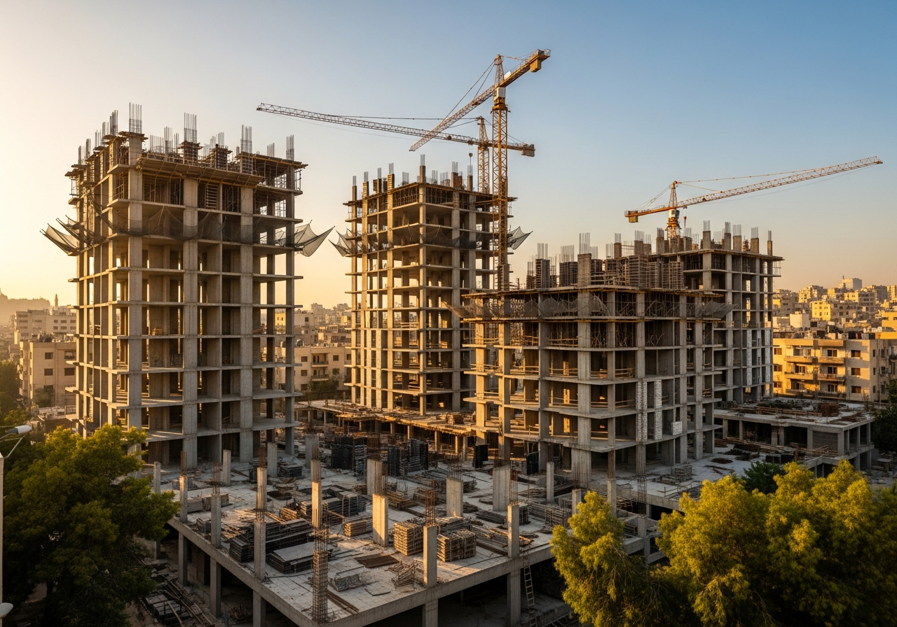 Vue architecturale d’un projet d’appartements modernes en cours de construction à Damas pour l’investissement immobilier