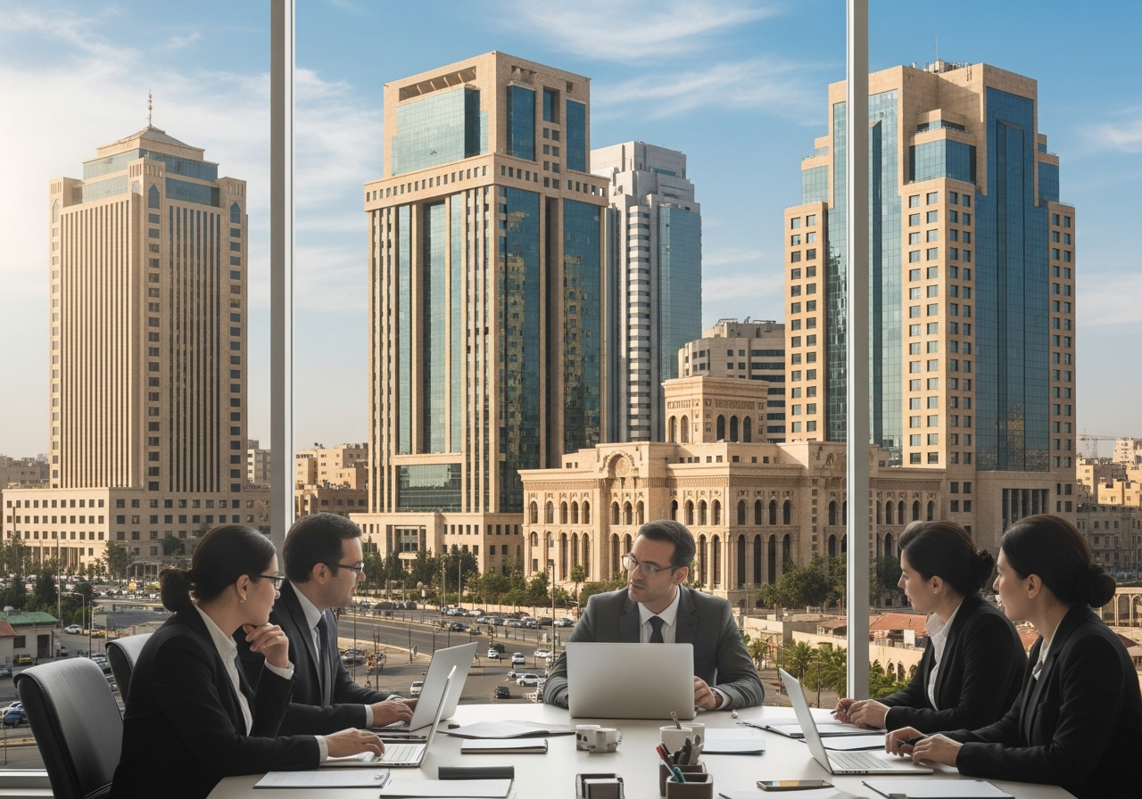 Modern commercial office facade for sale in one of the upscale neighborhoods of Damascus as a real estate investment