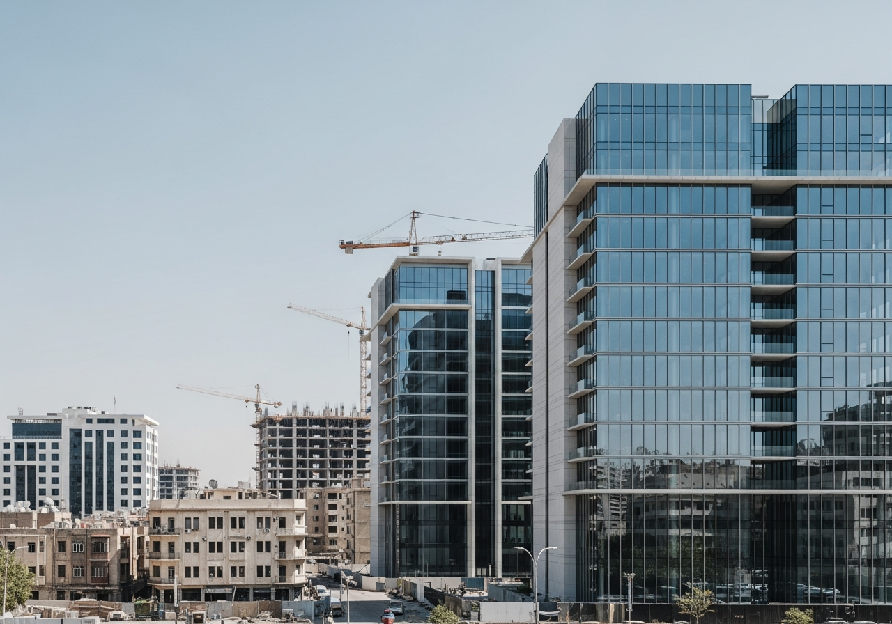 مكاتب تجارية حديثة قيد الإنشاء في دمشق تظهر التصاميم الهندسية المتطورة للمستثمرين الباحثين عن فرص واعدة.