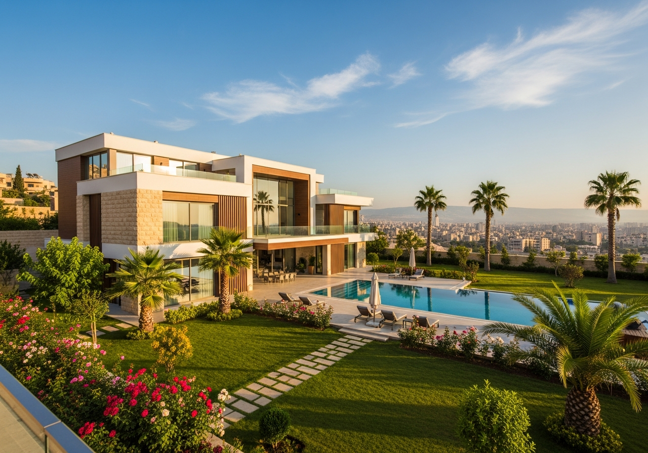 واجهة مبنى سكني فاخر بتصميم حديث يعرض عقارات وشقق للبيع في منطقة كفرسوسة بدمشق