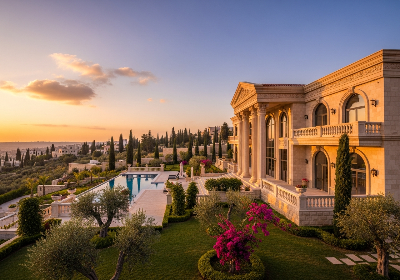 Luxury villa with modern architectural design, garden, and pool in Yafour suburb, Damascus