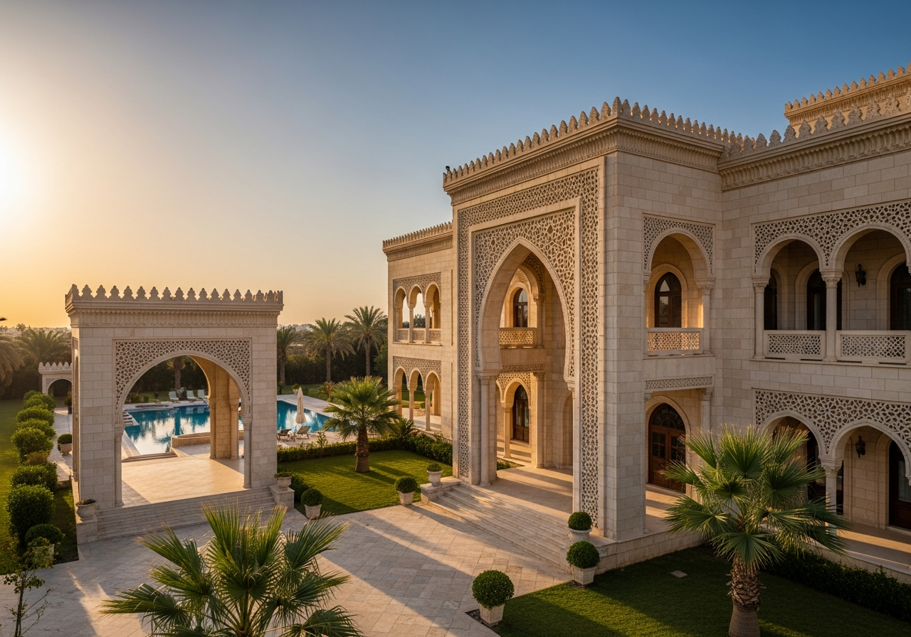 A luxury villa with a garden and pool showcasing the beauty of luxury properties available for sale in Syria for residential investment.