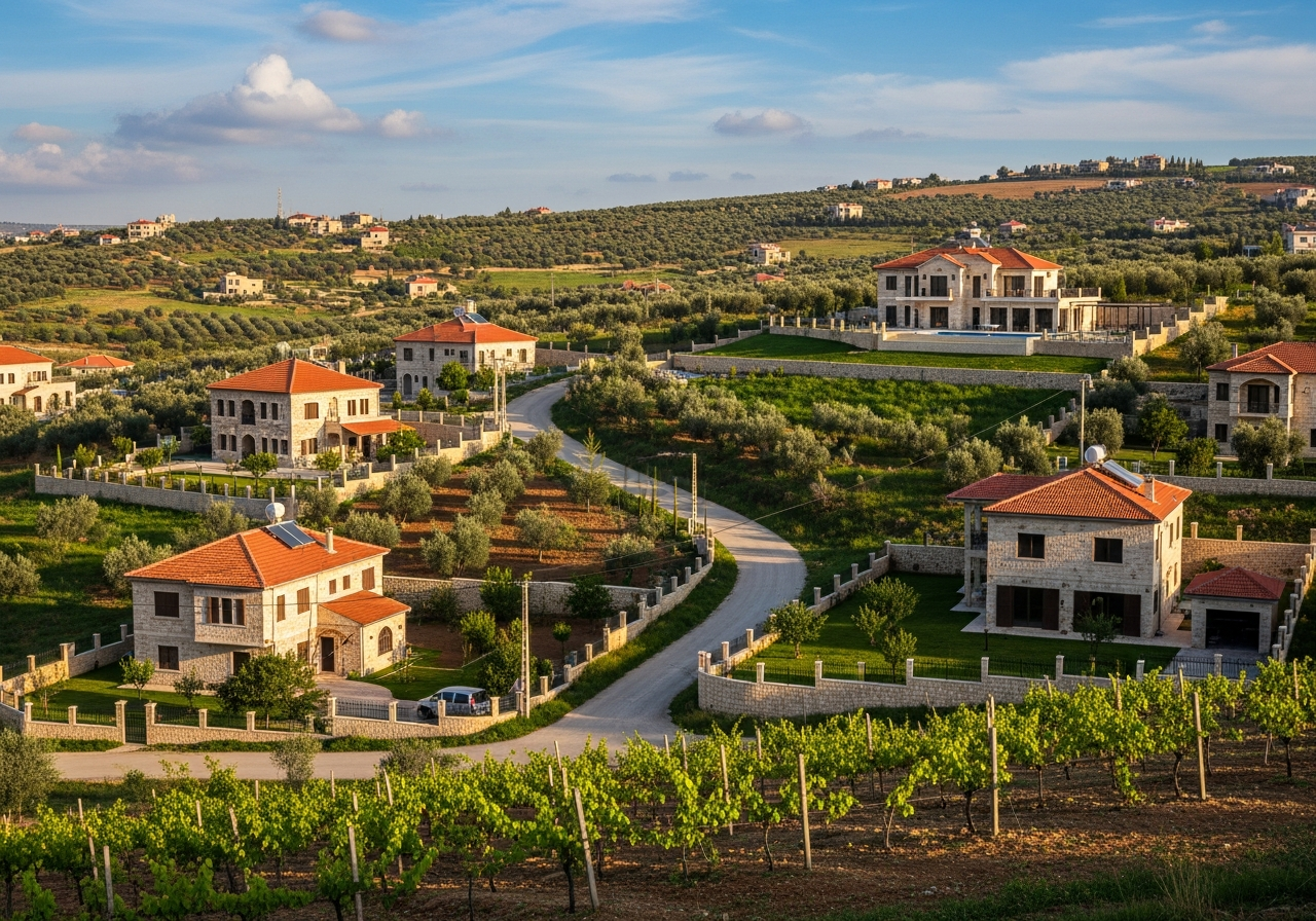 Aerial photo of a luxury villa compound among properties for sale in Rural Damascus in the green Yaafour area