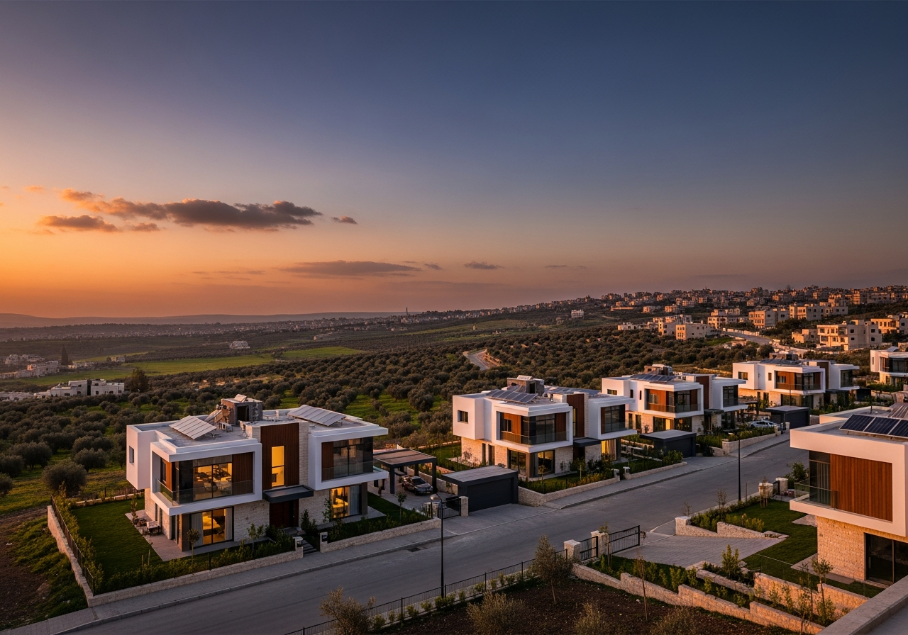 Villa intelligente moderne dans la campagne de Damas avec vue sur de vastes espaces verts incarnant le concept d’habitat de luxe
