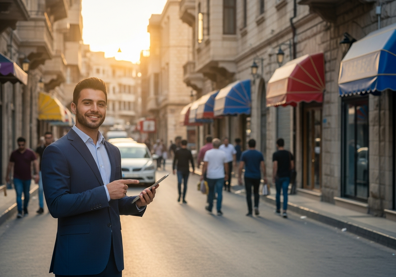 Façade d’un local commercial éclairé dans une rue animée de Damas, une opportunité d’investissement immobilier en Syrie