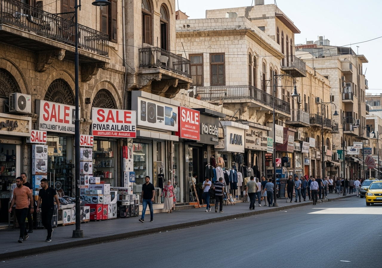 واجهة زجاجية لمحل تجاري حديث في دمشق معروض للبيع بالتقسيط للمستثمرين.