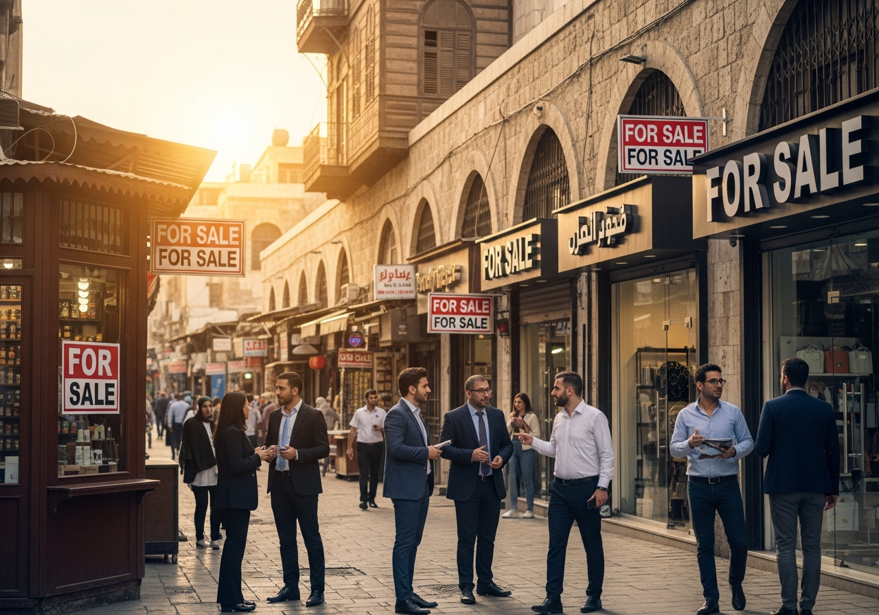 Photo d’un magasin élégant dans une rue animée de Damas reflétant les opportunités prometteuses d’investissement immobilier