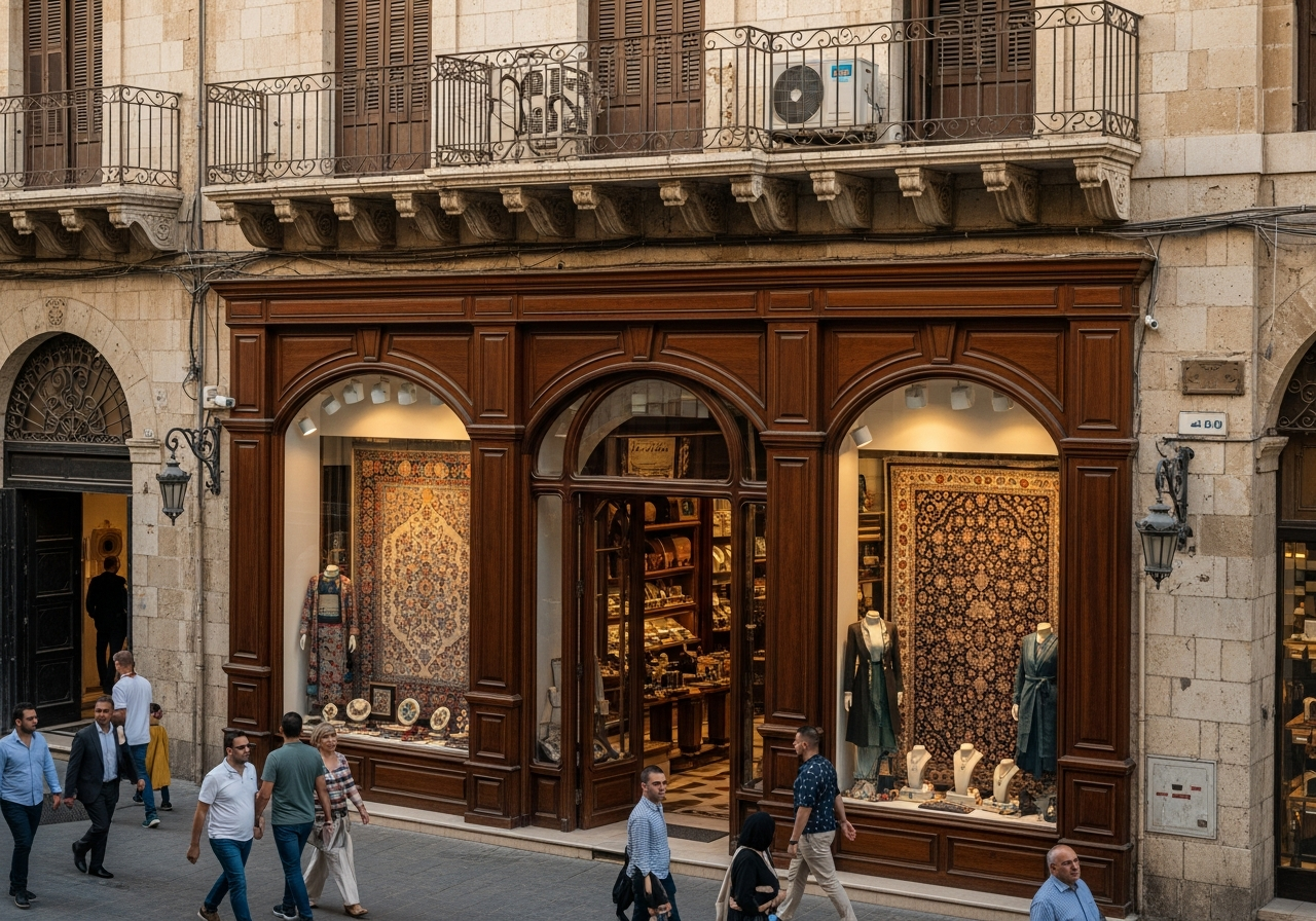 Façade d'une boutique de luxe dans une rue animée de Damas reflétant les opportunités exceptionnelles d’investissement immobilier commercial