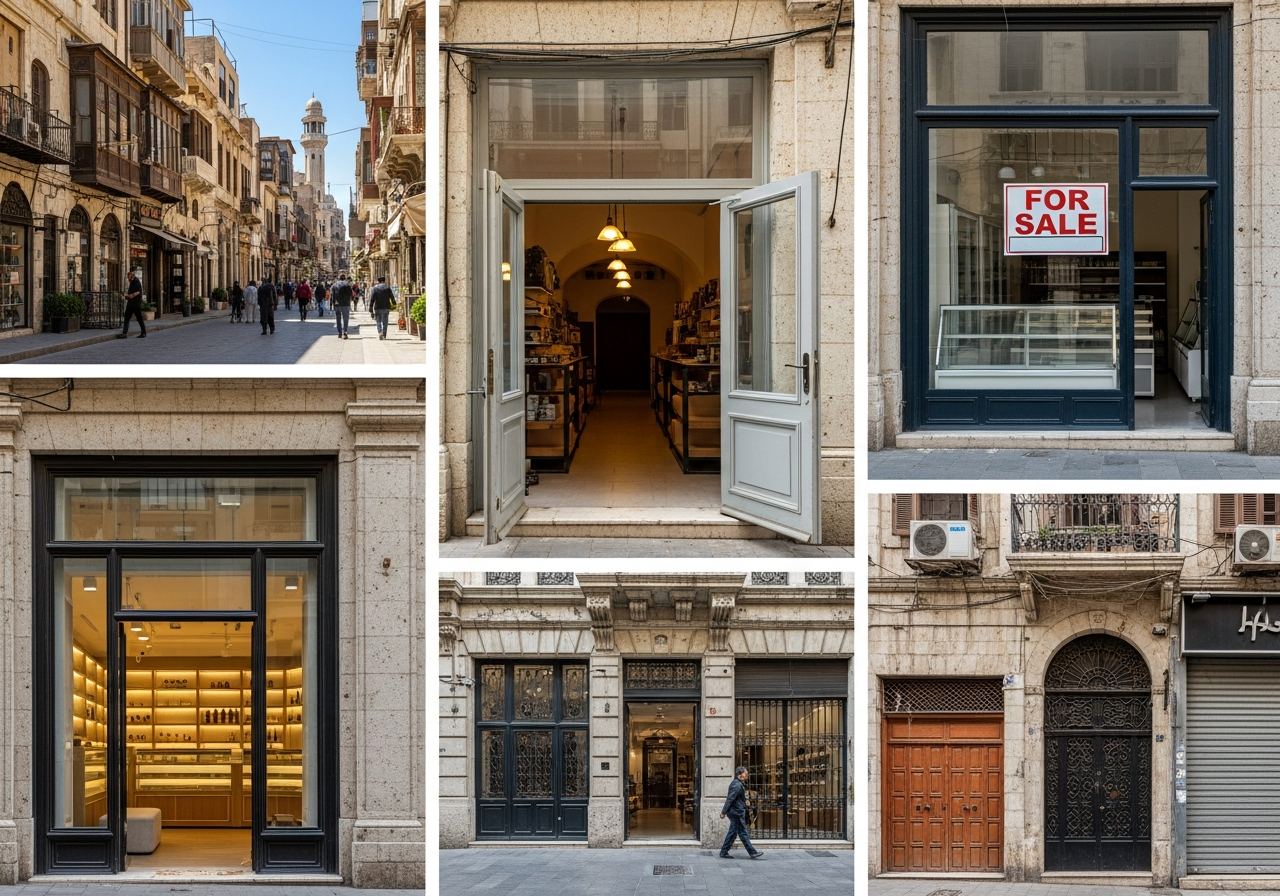 Façade d’une boutique commerciale prête à vendre à Damas, illustrant un investissement immobilier réussi dans la capitale syrienne