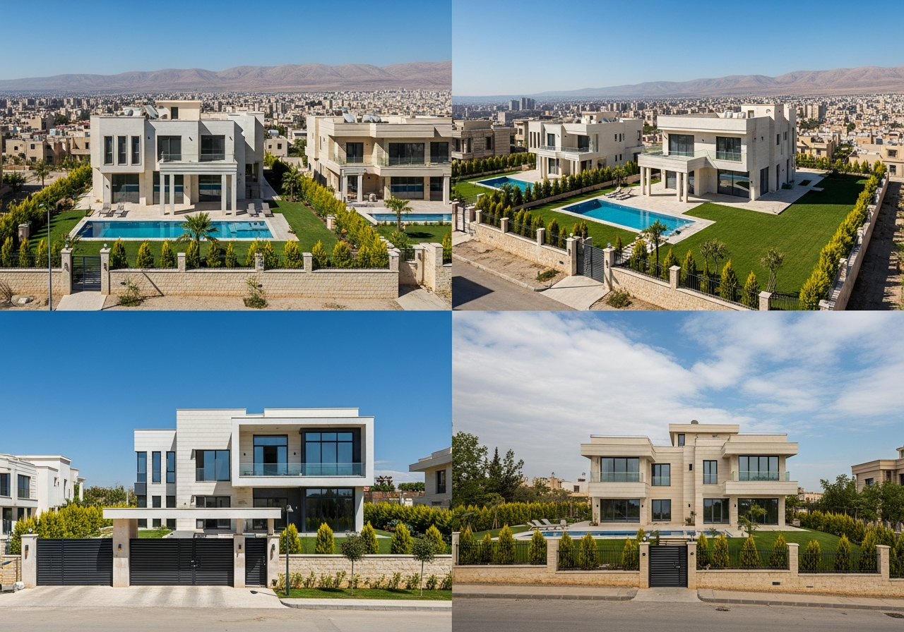 A luxury residential villa with a modern design and green garden, an example of villas for sale in Damascus