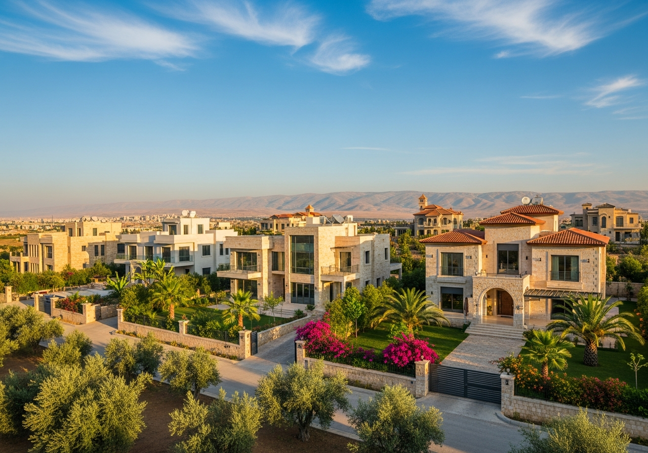 Architectural design of a luxury residential villa for sale in Yafour, Damascus with wide green spaces